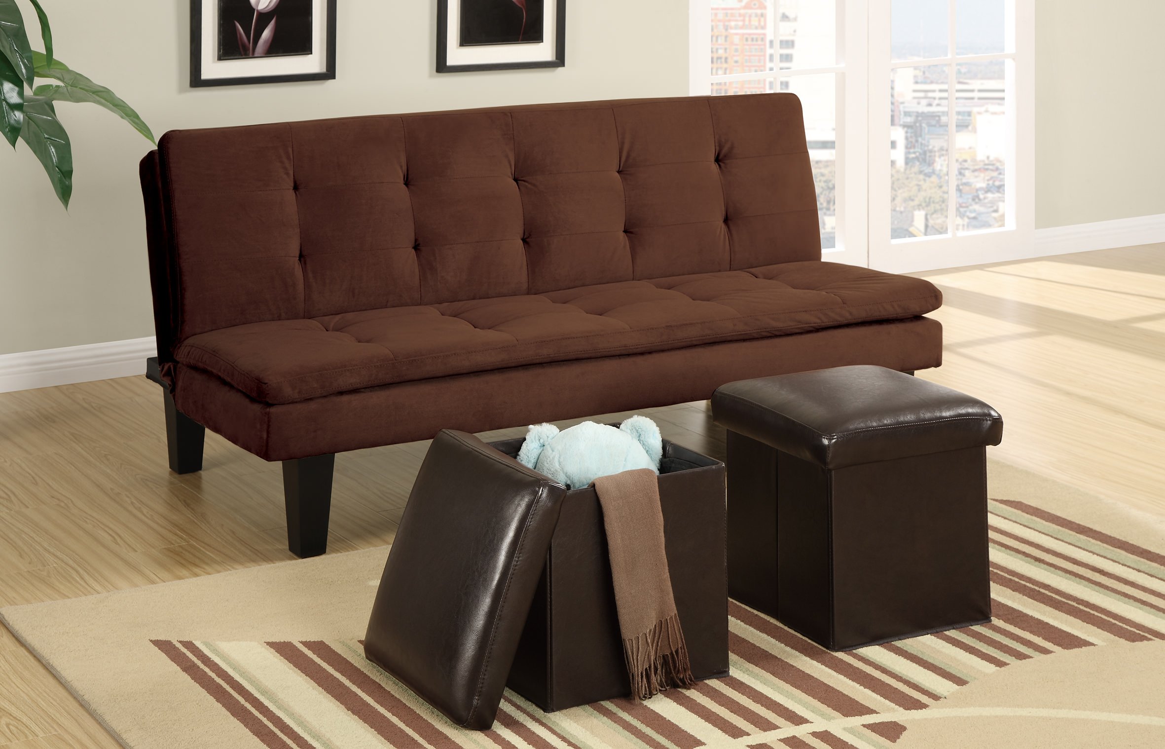 F7196 Chocolate Convertible Sofa Bed with 2 Pcs Ottoman by Poundex