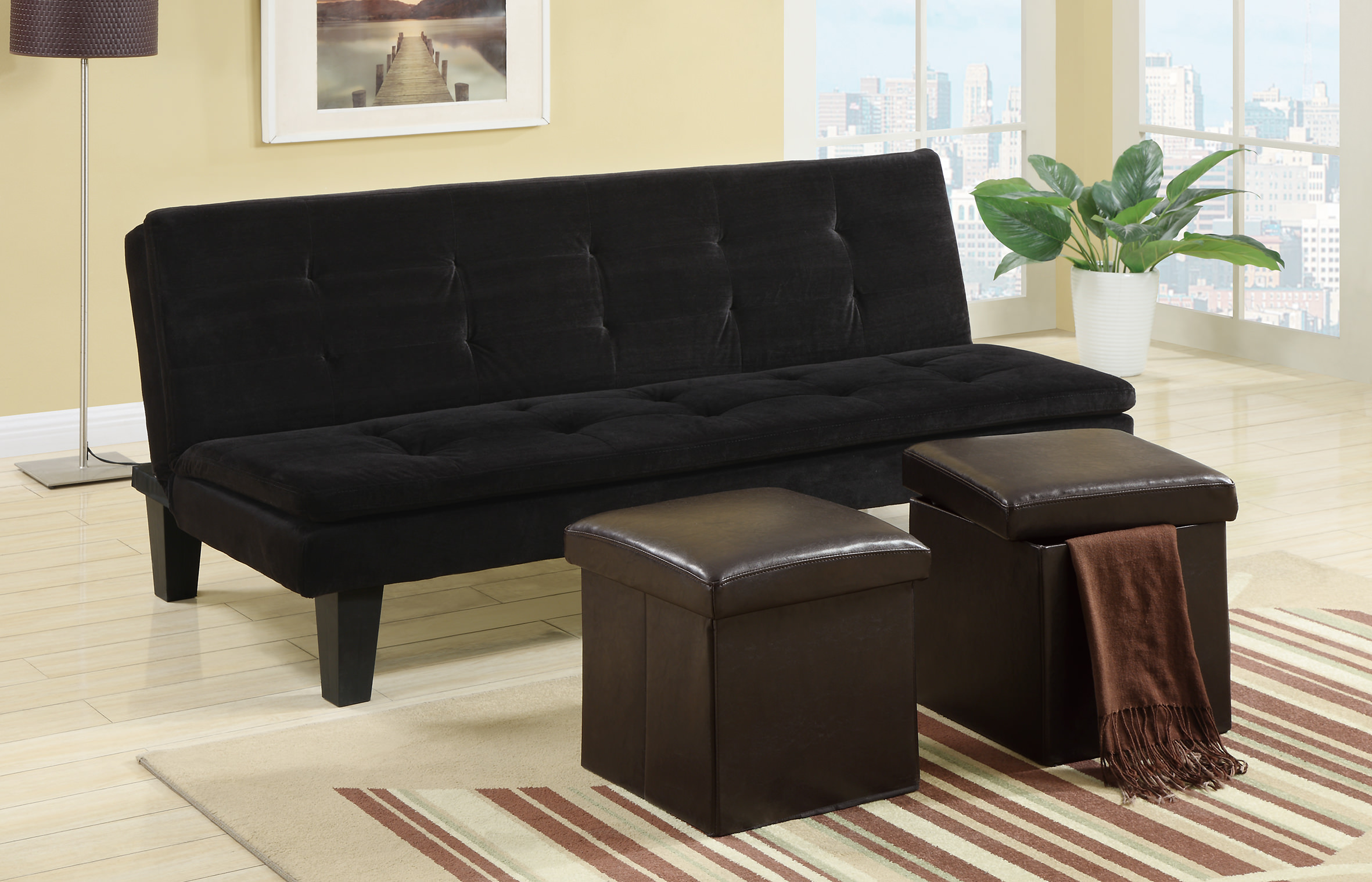 F7197 Black Convertible Sofa Bed with 2 Pcs Ottoman by Poundex