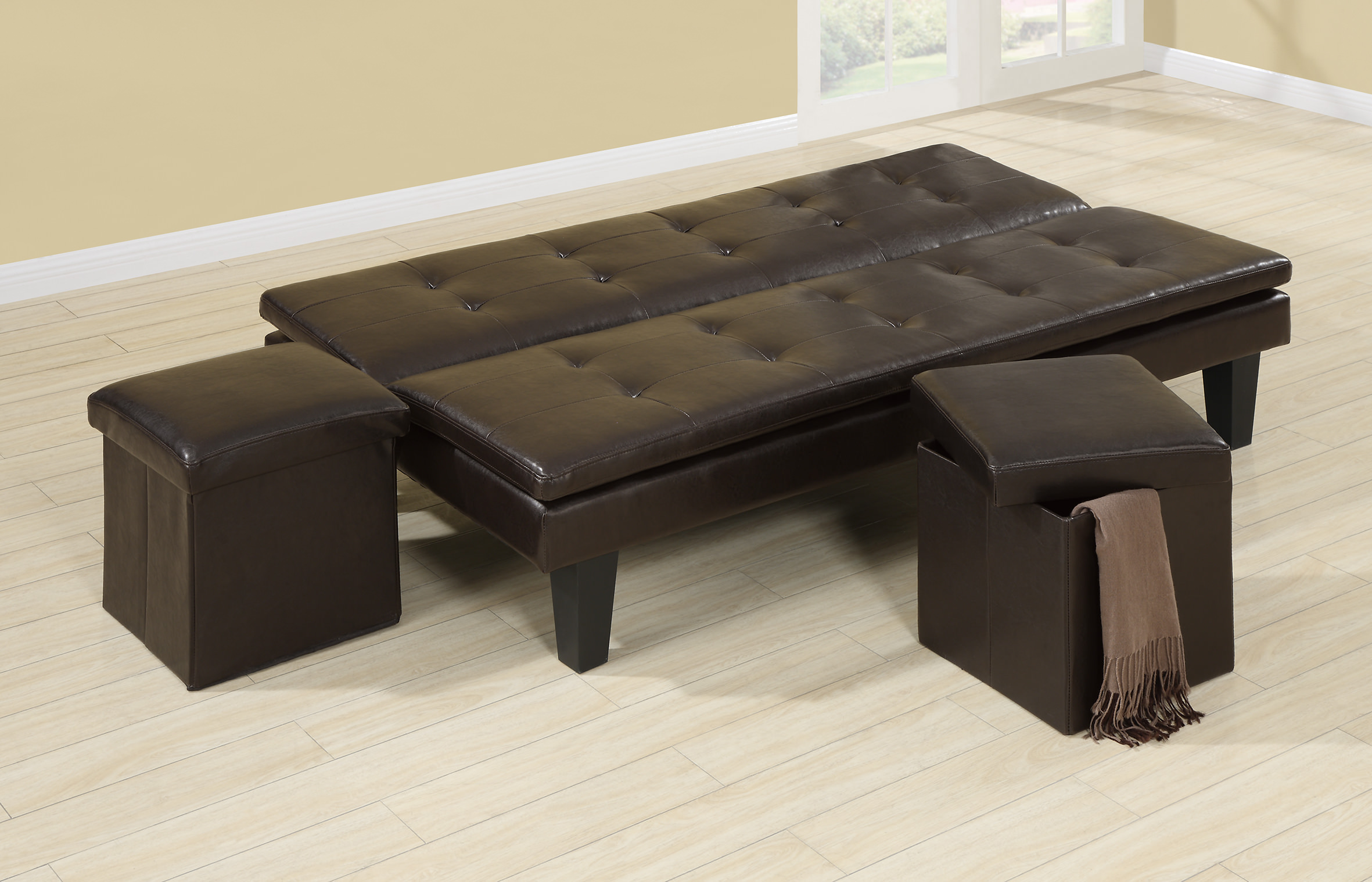 F7199 Espresso Convertible Sofa Bed with 2 Pcs Ottoman by Poundex