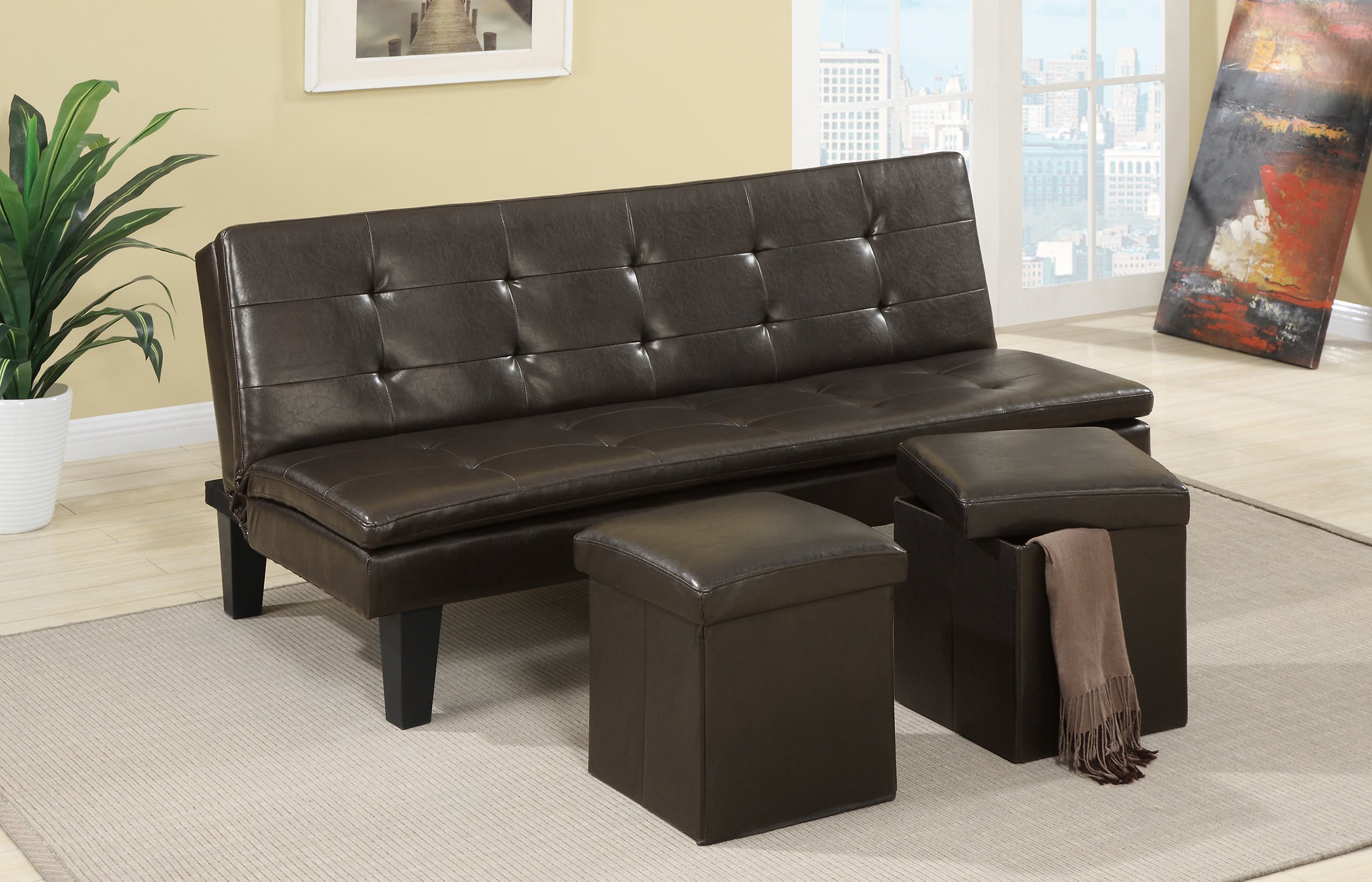 F7199 Espresso Convertible Sofa Bed with 2 Pcs Ottoman by Poundex