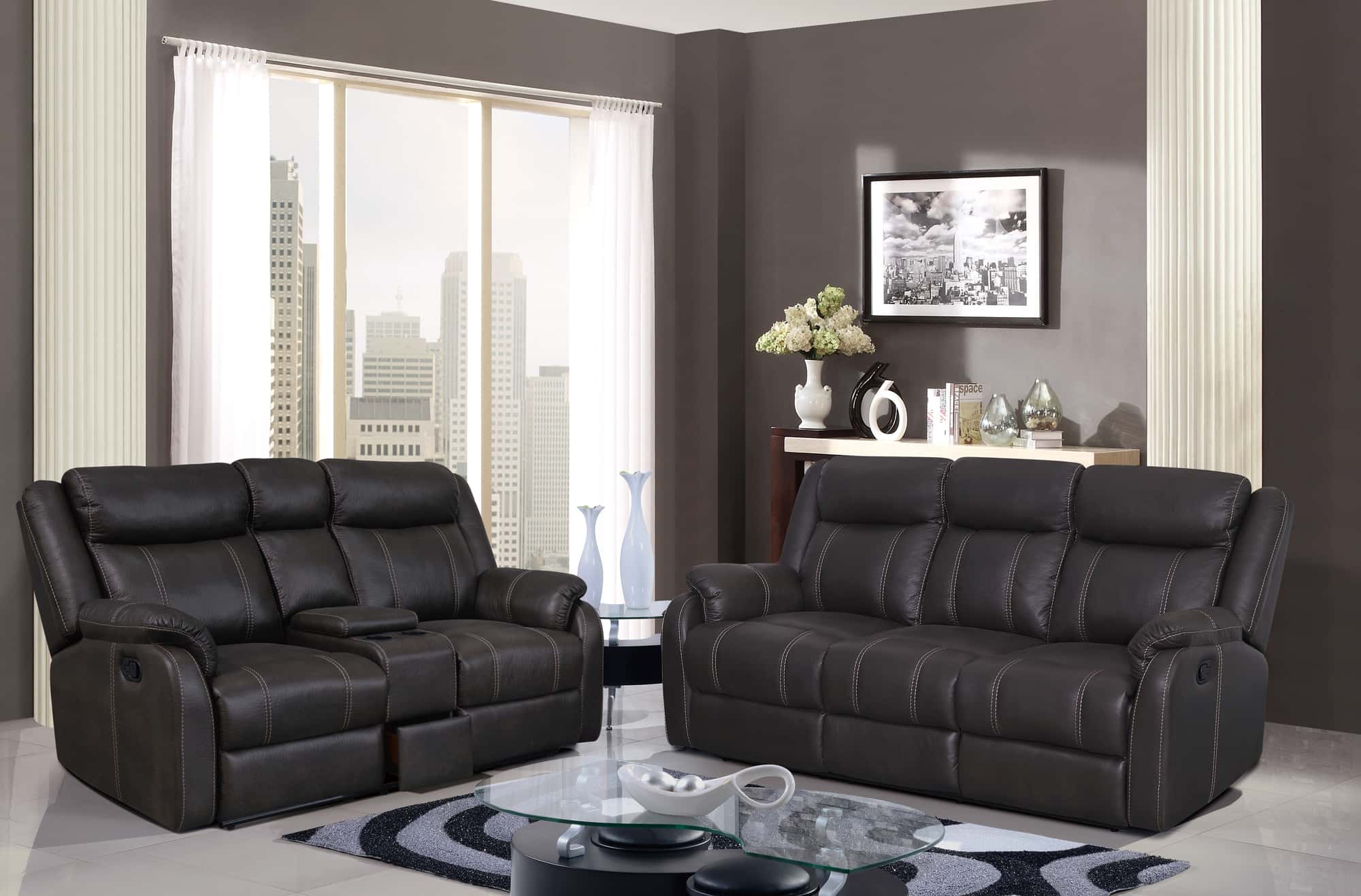 U7303C Charcoal Printed Fabric Reclining Sofa w DDT & DR by Global
