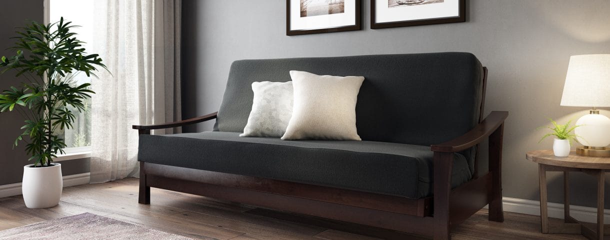 Futon Bed with a Cover and Throw Pillows