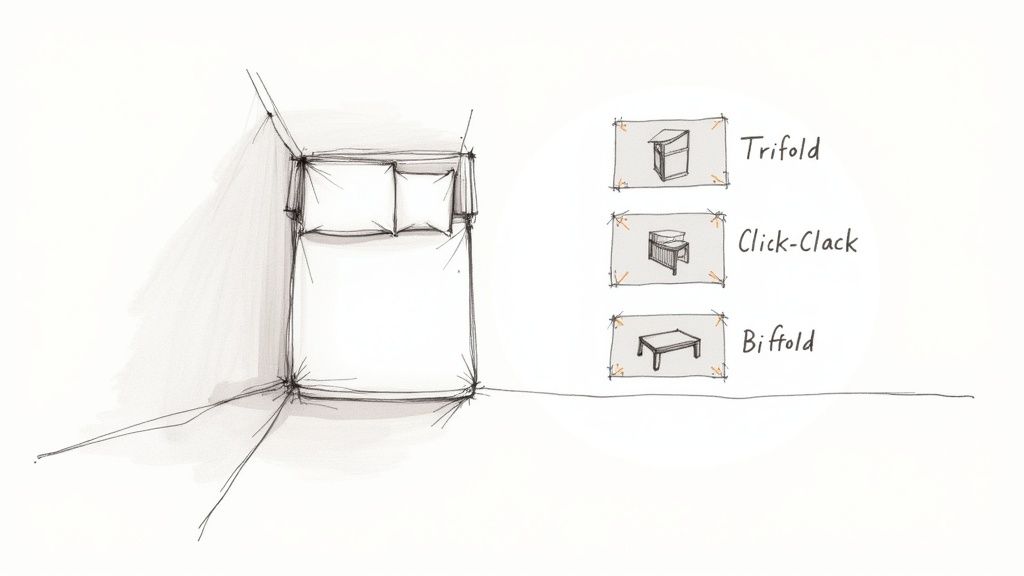 A modern futon in a stylish small living room, showing its dual function as a sofa and bed.
