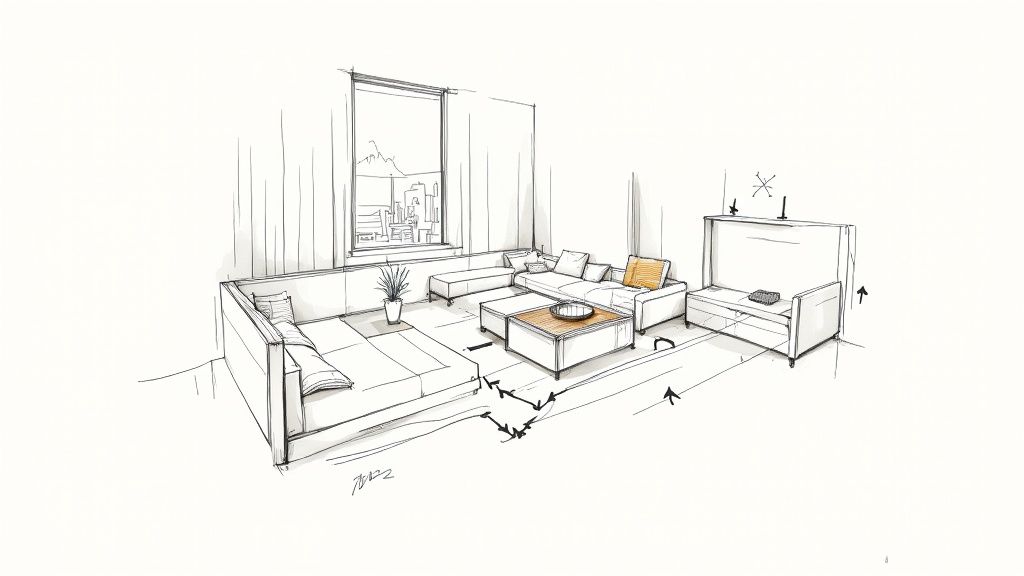 A modern, multifunctional living space with a stylish sofa and built-in shelving, illustrating smart furniture design.