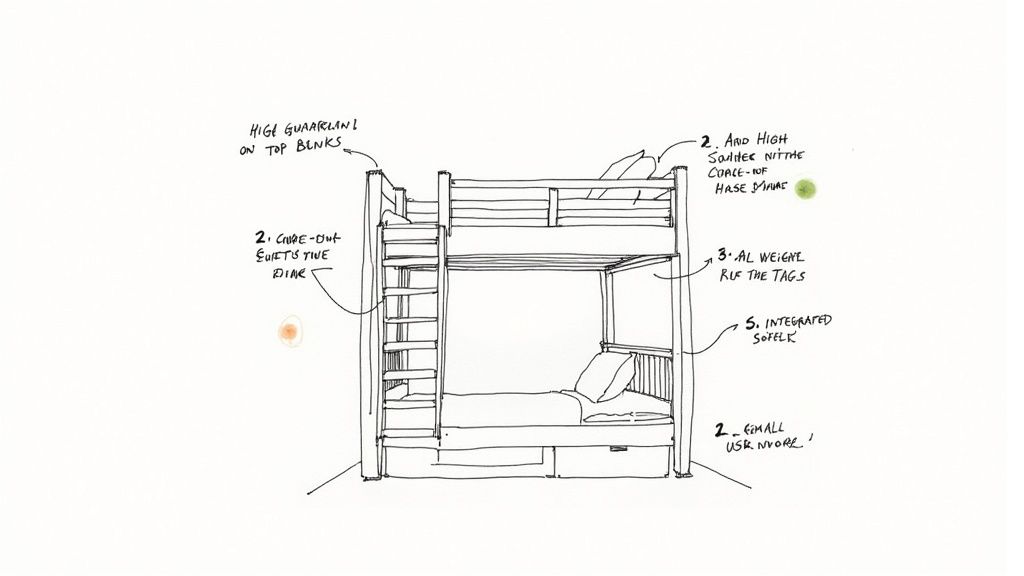 A close-up shot of the sturdy guardrail on the top bunk of a futon bunk bed with mattress, emphasizing safety.
