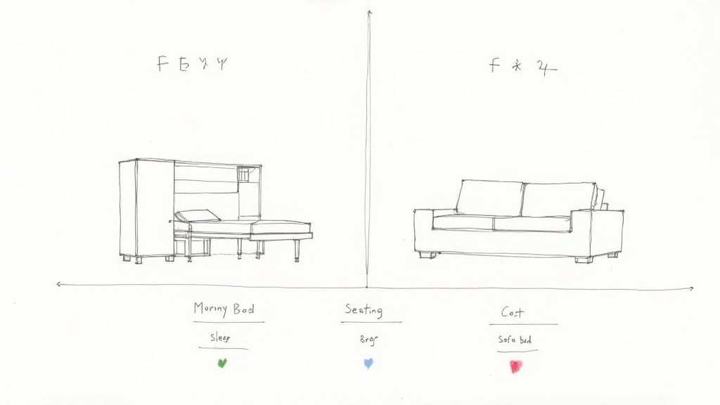 A modern living room with a sleek, white Murphy bed folded up against the wall, integrated with shelving.