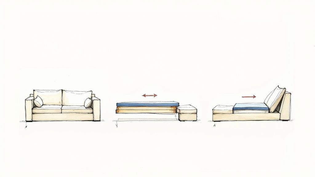 A close-up view of the storage compartment and conversion mechanism of a modern sofa bed.