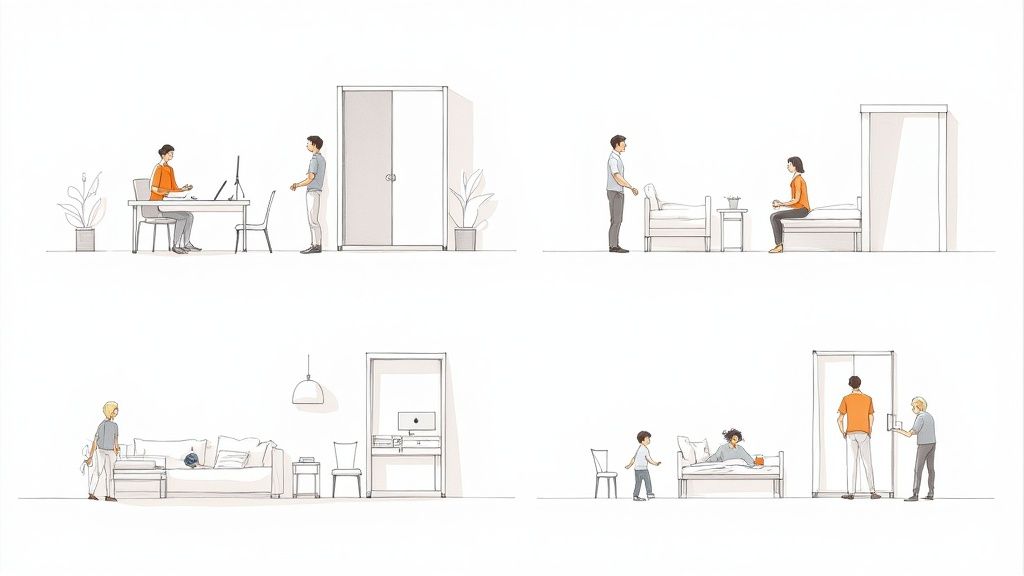 A cozy home office that doubles as a guest room, with a Murphy bed folded up into a white cabinet next to a desk.