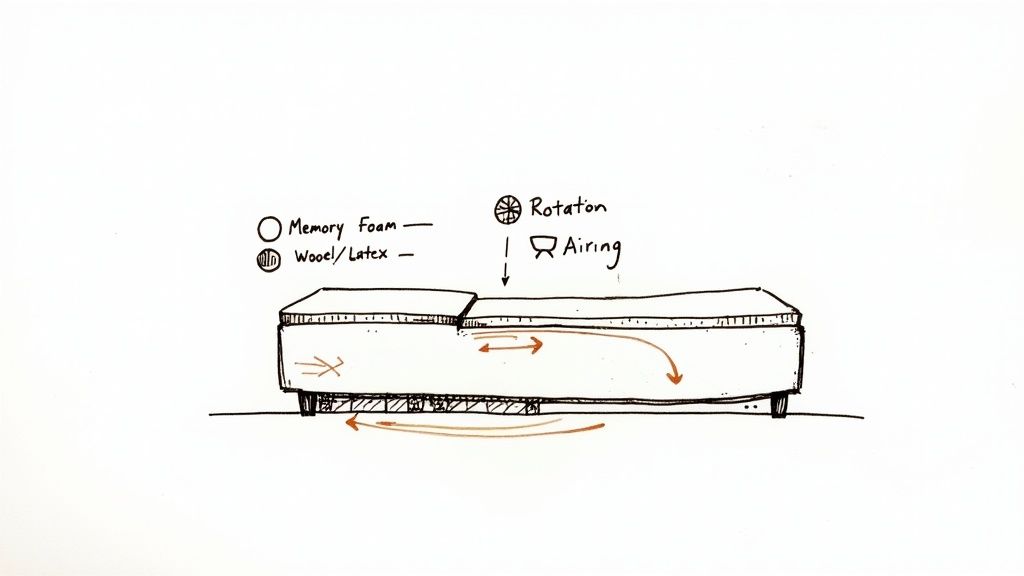 Cross-section diagram of futon mattress showing memory foam, wool latex layers, rotator mechanism, and airing airflow