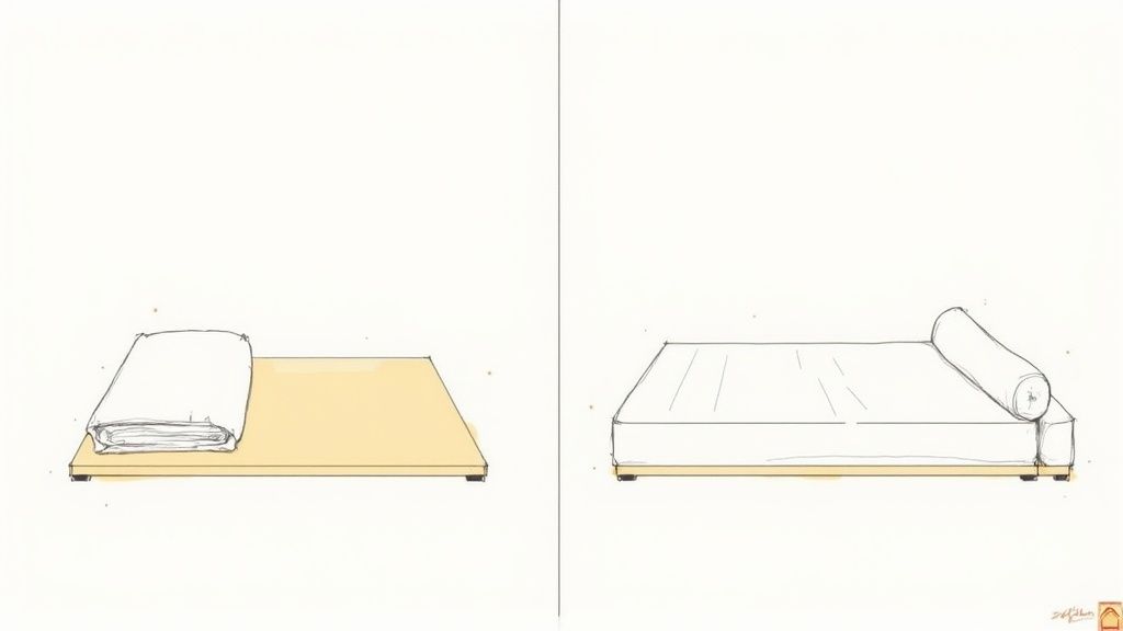 Two-panel illustration showing futon mattress folded and unfolded on wooden platform frame