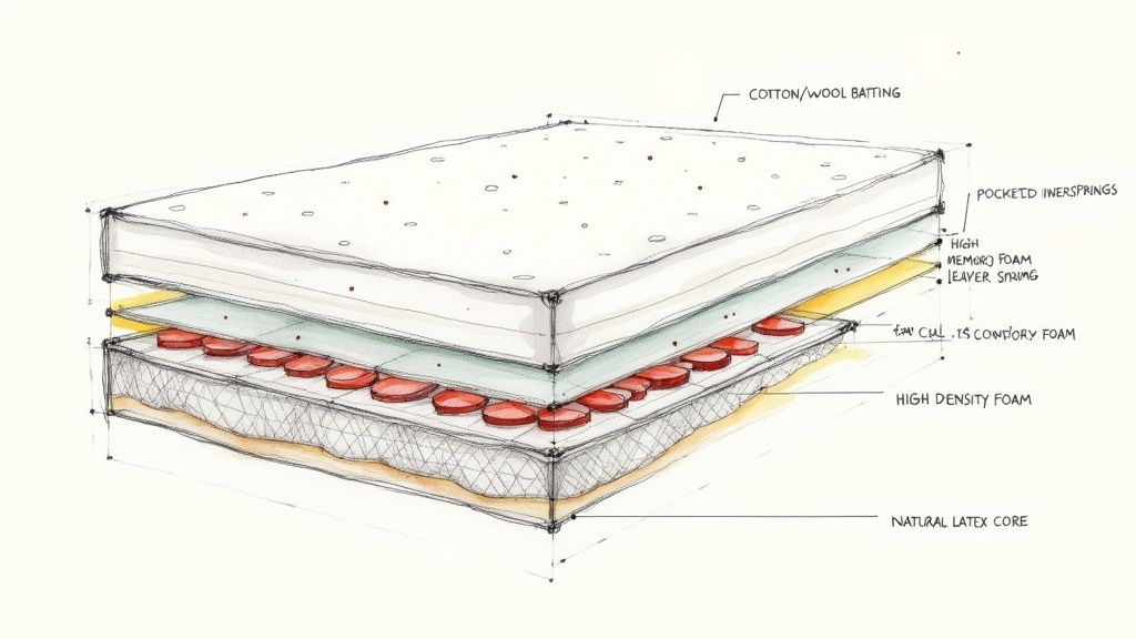 Detailed cross-section diagram showing mattress layers including springs, foam, latex core, and cotton batting