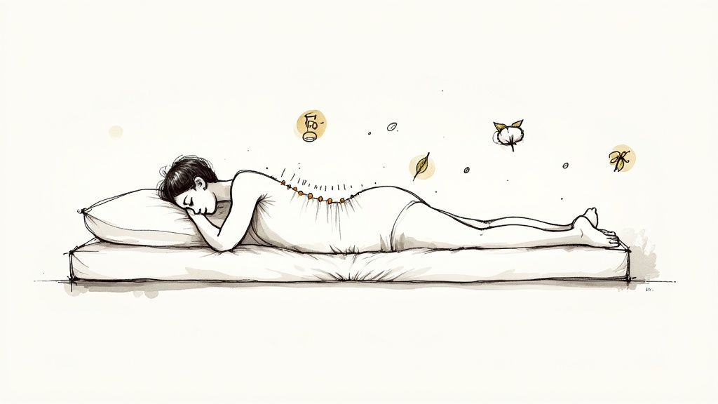Illustration of person sleeping on side on flat futon mattress with spine alignment marked