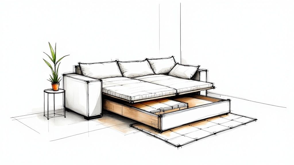 A stylish gray convertible sofa bed with storage, shown in a modern living room setting.