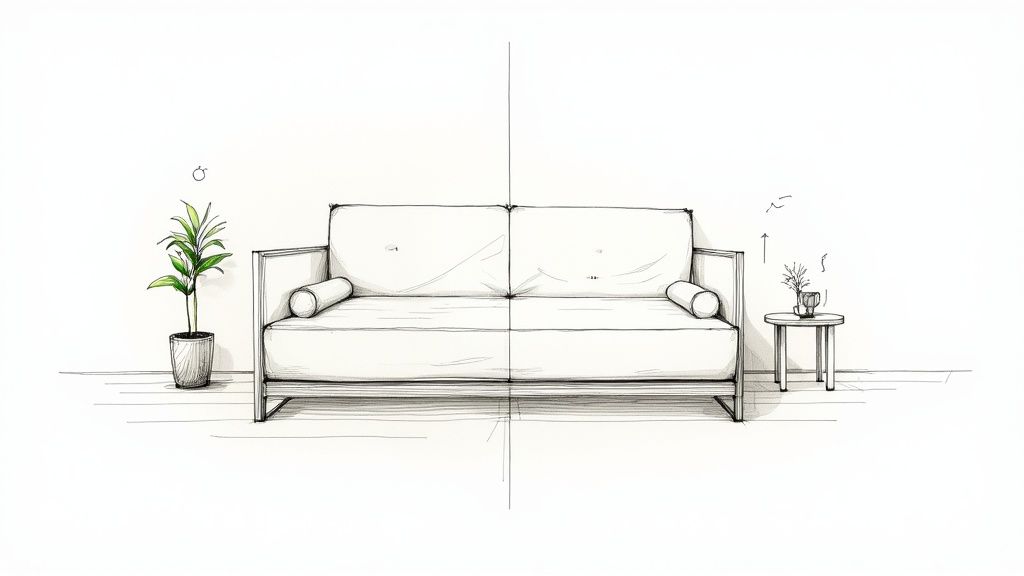 A stylish full-size futon in a well-lit, modern living room, showcasing its dual function as a sofa.