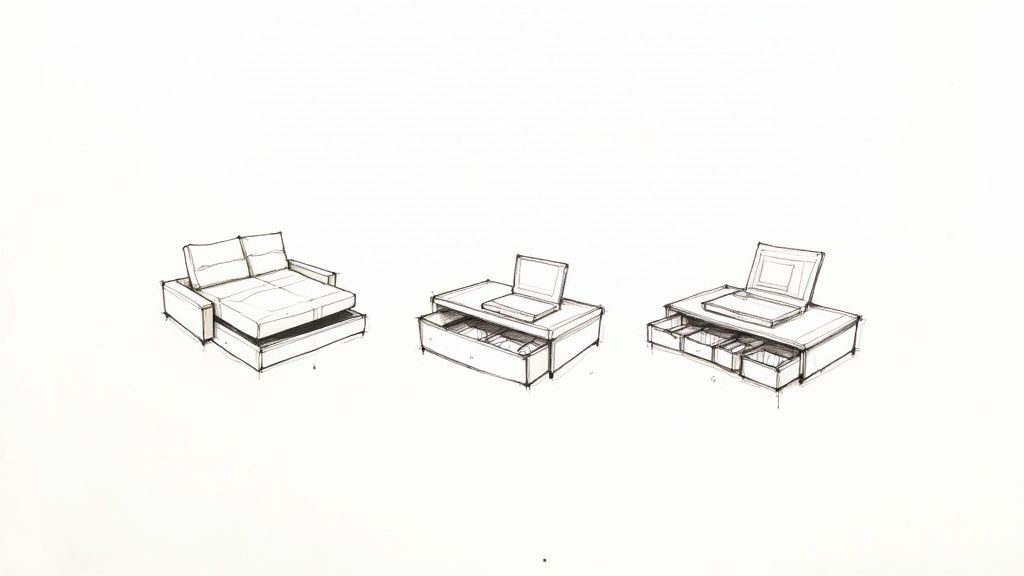 Three perspective sketches showing convertible sofa bed with storage drawers underneath in different configurations