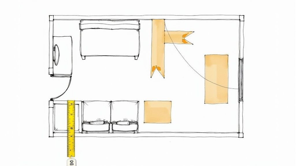 Floor plan sketch showing compact apartment layout with sofa, chairs, and space-saving furniture arrangement