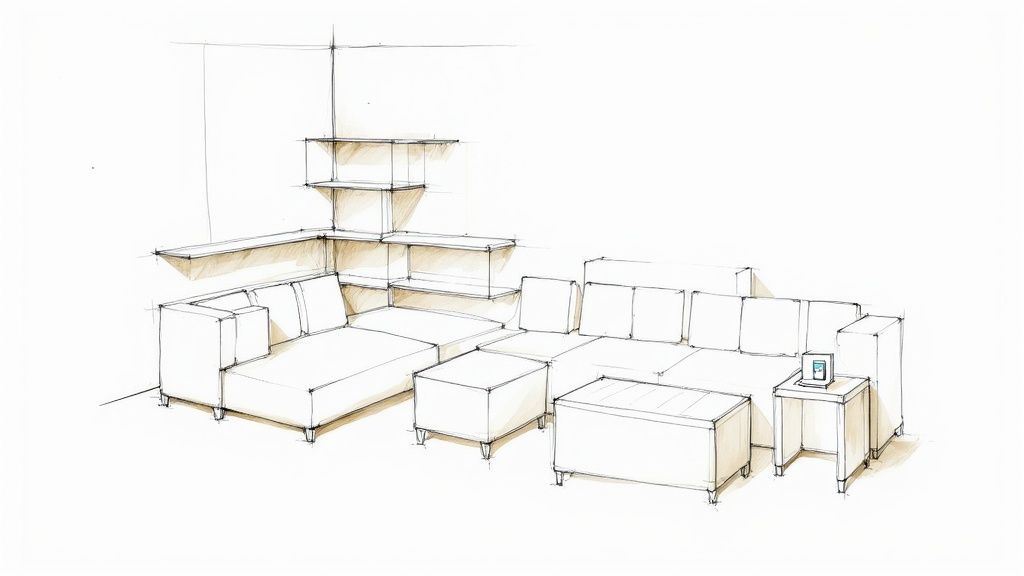 Modern white sectional sofa with shelving unit and coffee table in minimalist living room sketch