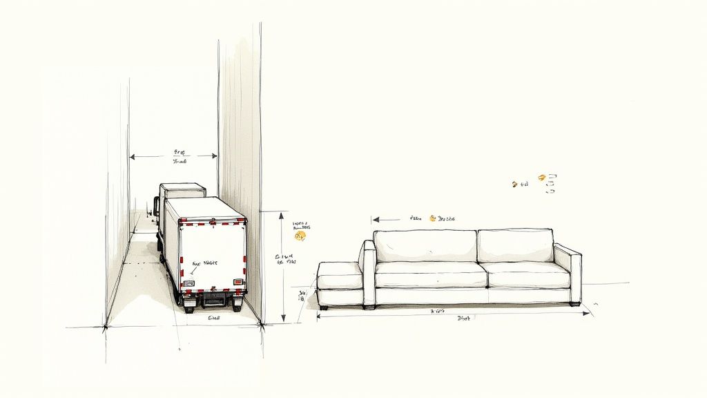 Technical sketch showing moving truck dimensions in hallway and sofa measurements for apartment furniture planning