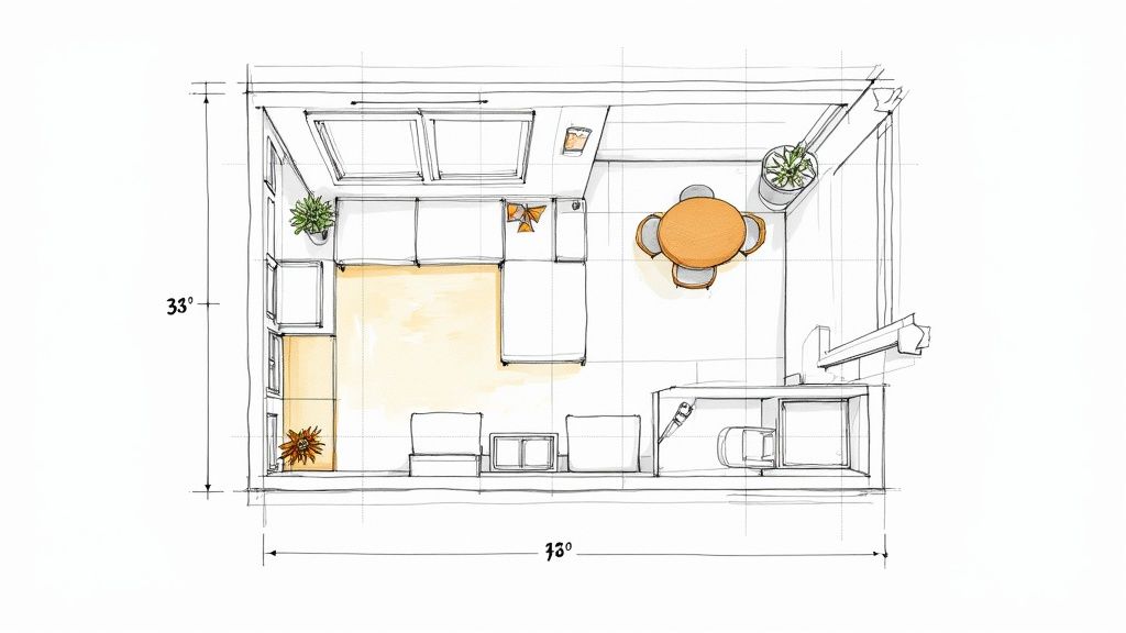 Hand-drawn floor plan illustrating a small studio apartment layout with various functional zones.