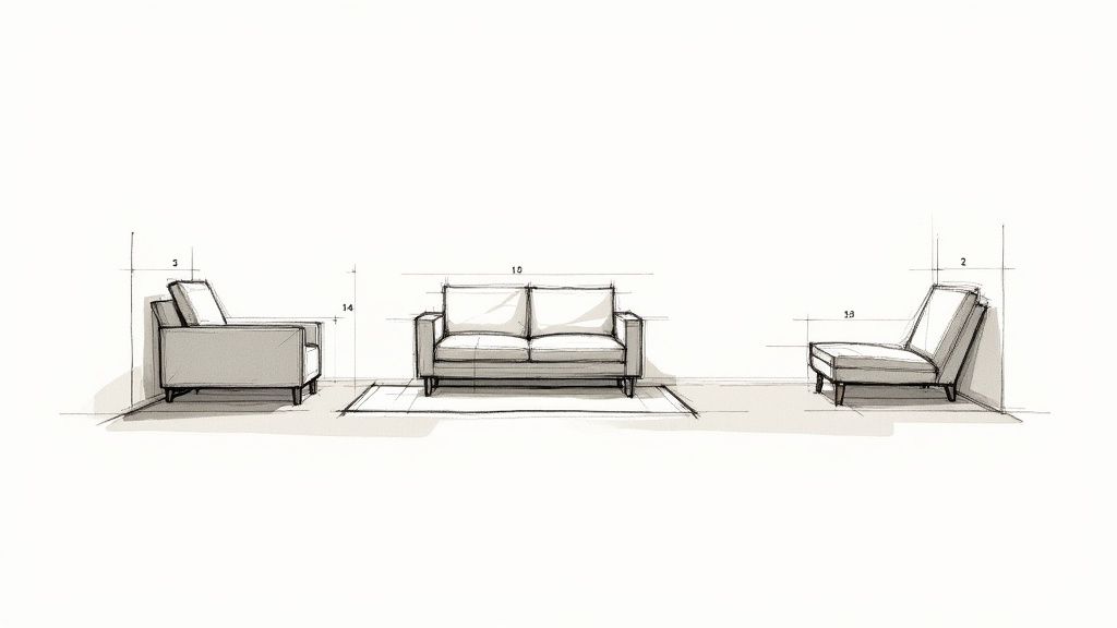 Architectural sketch of an armchair, sofa, and chaise lounge with dimensions for layout.
