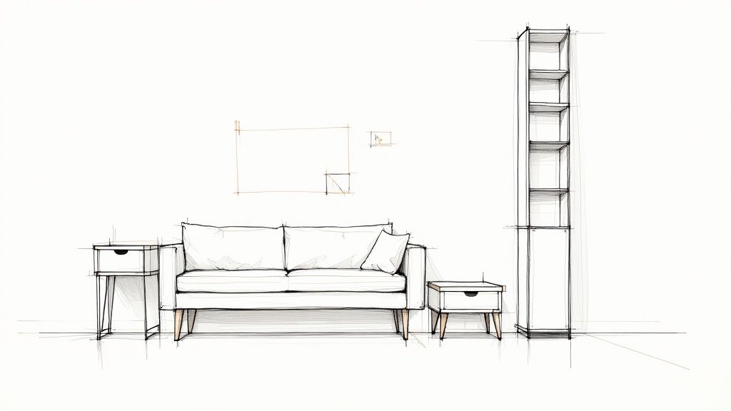 A hand-drawn sketch of modern living room furniture including a sofa, ottoman, and side tables.