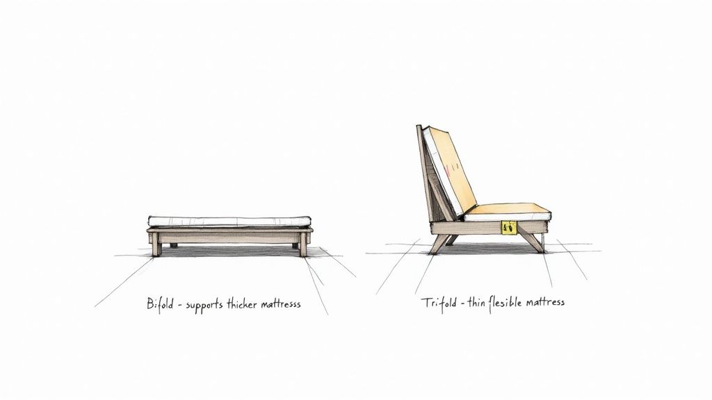 Sketches illustrating two types of futon mattresses: a bifold for thicker support and a trifold for flexible seating.