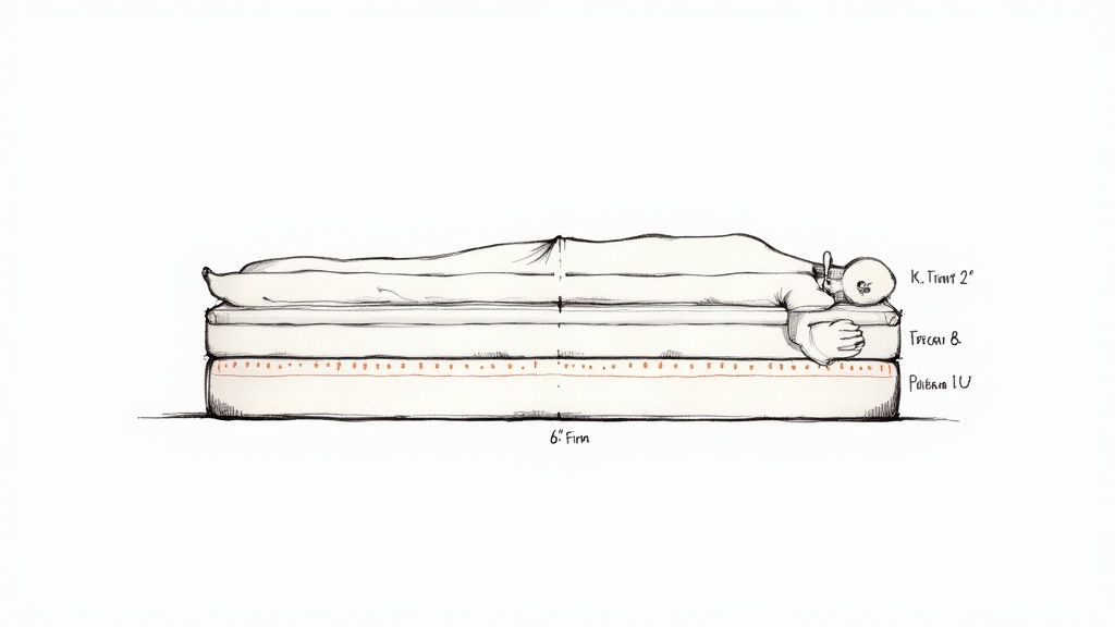 Side view of a person lying on a multi-layer mattress, illustrating firmness and support.