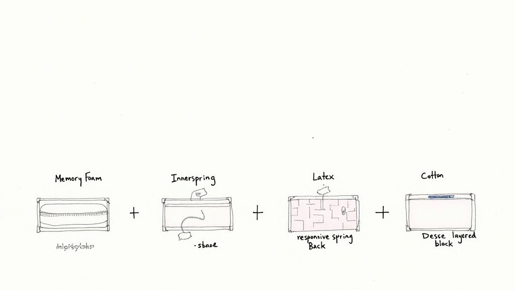 Detailed diagram illustrating the construction of a mattress, combining layers of memory foam, innerspring, latex, and cotton.