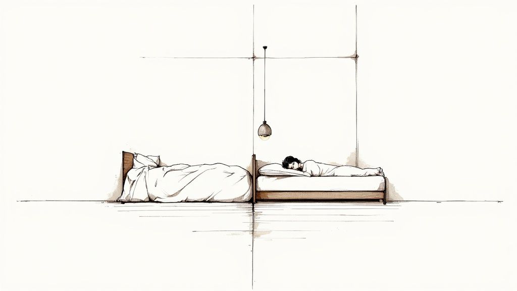 A minimalist illustration of two beds side by side, one empty and one with a person sleeping.