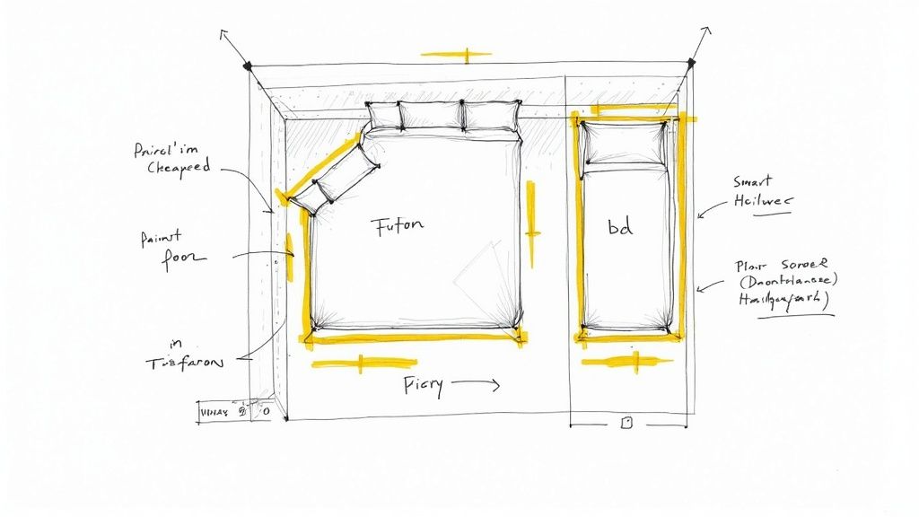 Hand-drawn floor plan sketch of a room featuring a futon and a single bed with notes and yellow highlights.