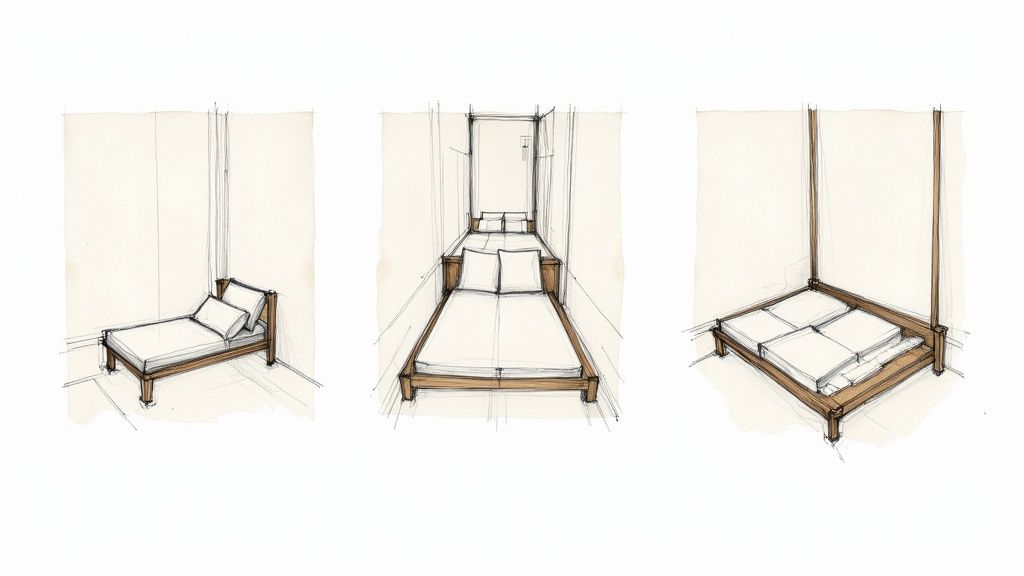 Sketches of versatile futon and bed designs, showcasing creative solutions for compact rooms.