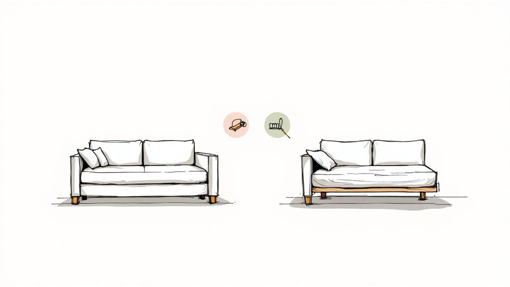 Two illustrated white sofas, one with legs and another with a wooden base, showing different designs.