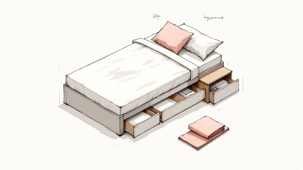 Isometric sketch of a minimalist bed with under-bed drawers, a side table, and pink folded blankets.