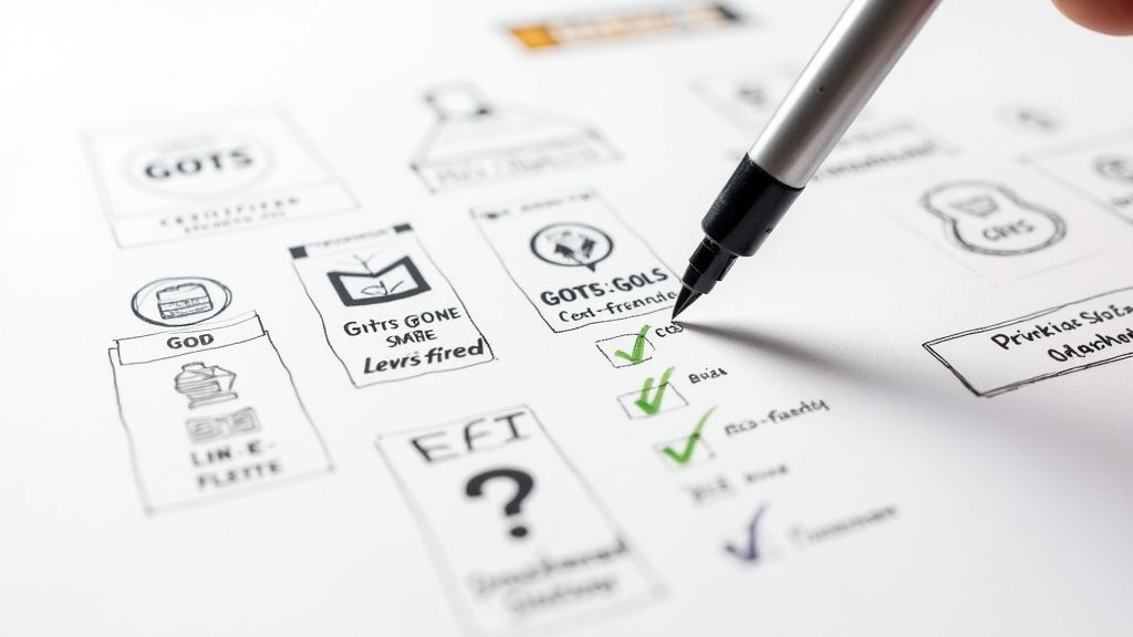 Hand drawing on white paper with a pen, sketching various certification and sustainability logos.