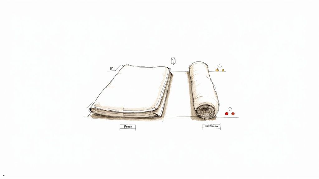 A simple sketch illustrating two bedding forms: a flat folded mattress labeled 'Folton' and a rolled mattress labeled 'Slurvboten'.