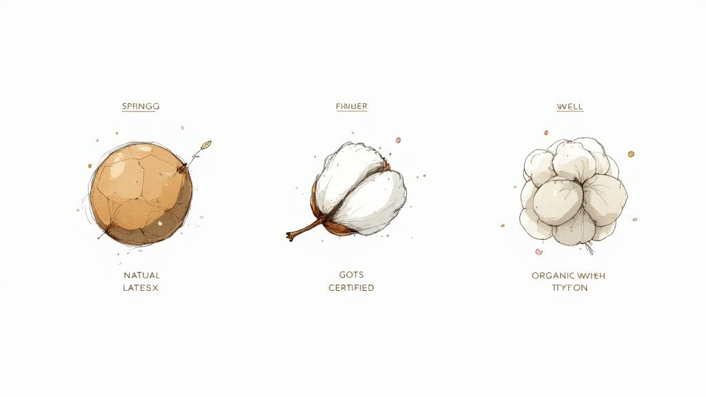 Illustrations of a natural latex sphere, GOTS certified cotton boll, and organic cotton fibers.