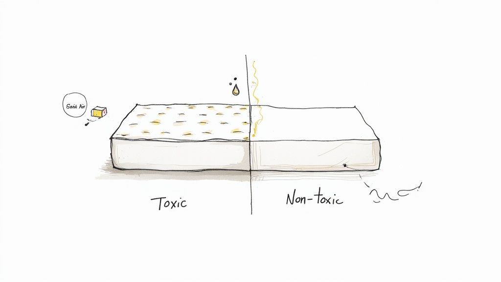 Illustration comparing a mattress split into two halves: one toxic with harmful elements, the other clean and non-toxic.