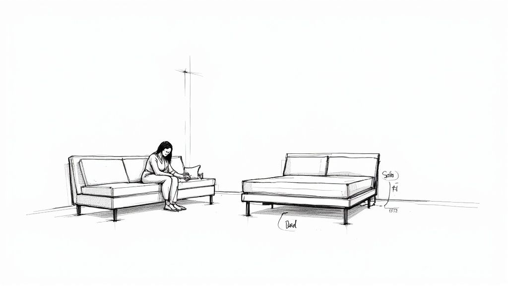 A black and white sketch illustrating a woman sitting on a sofa and a separate bed, with labels.