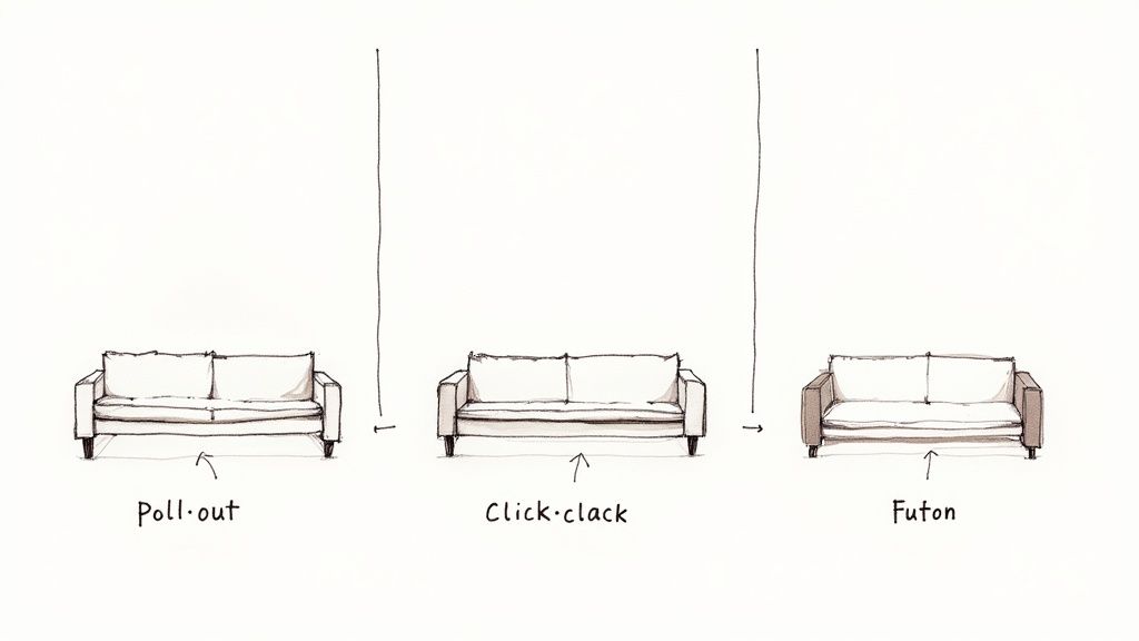 Line drawing illustrating three common types of sofa beds: pull-out, click-clack, and futon.