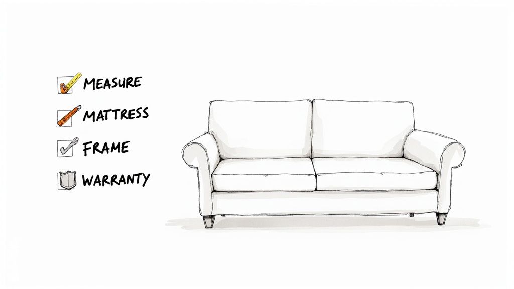 Hand-drawn illustration of a white two-seater sofa with a buying guide checklist for furniture.