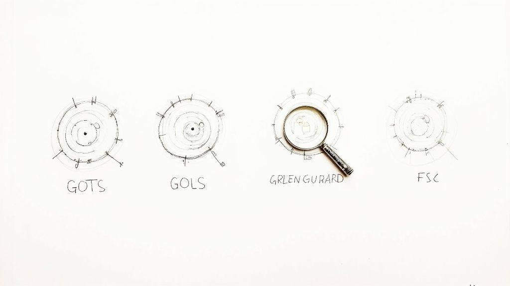 Four hand-drawn circular diagrams on a white background with labels like GOTS and FSC, one magnified.