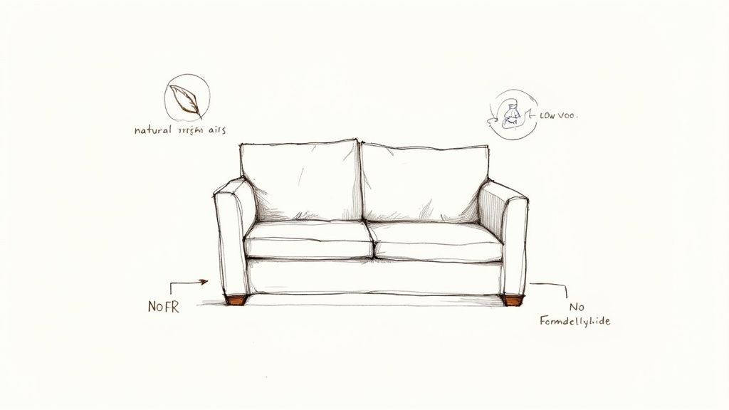 Sketch of a sofa highlighting features like natural materials, low VOC, no fire retardants, and no formaldehyde.