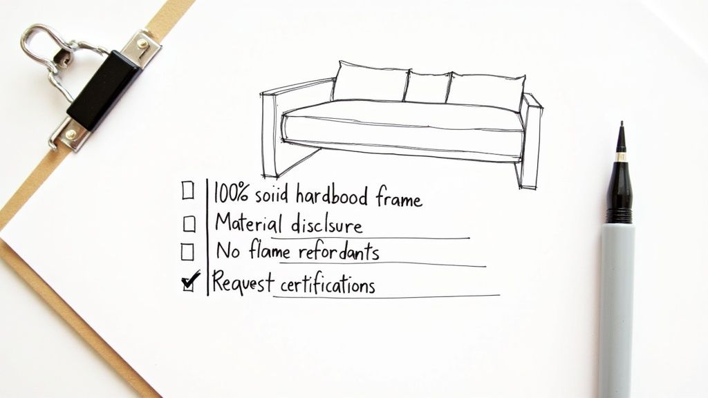 Hand-drawn sofa with a checklist, highlighting 'Request certifications' checked, on a white paper.