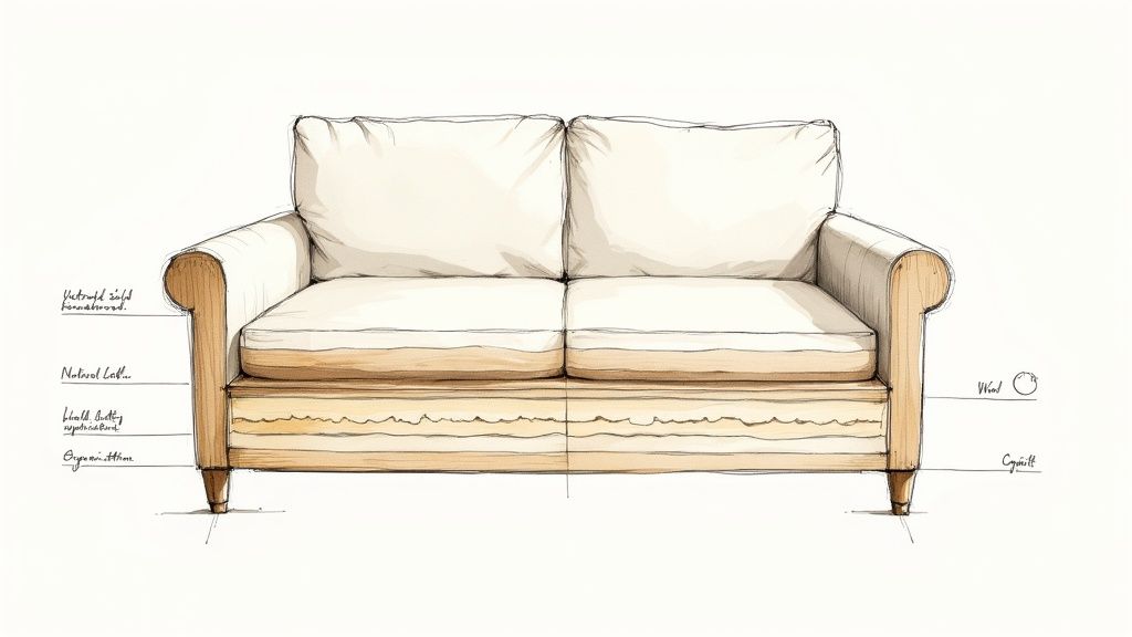 Detailed cross-section illustration of a chemical-free sofa, revealing natural layers like wool, latex, and wood.