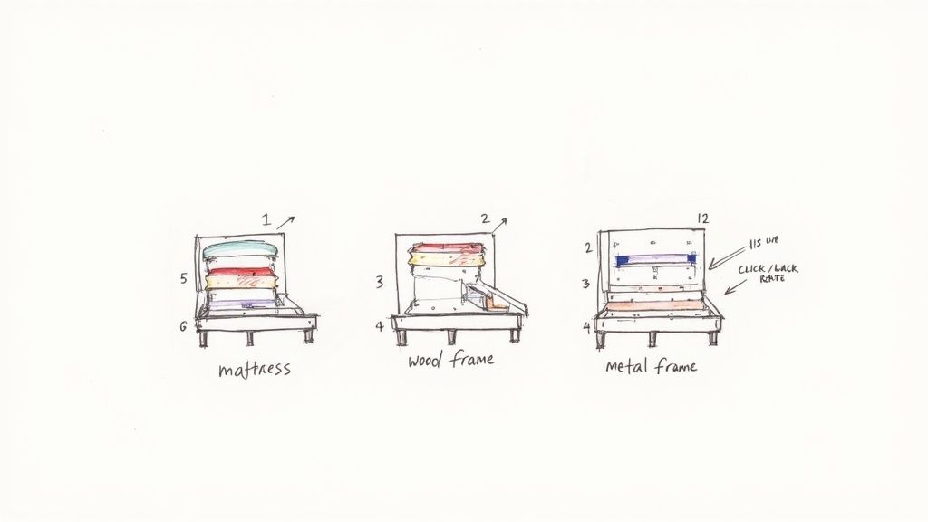 Sketches illustrate a convertible chair or sofa: mattress stack, wood frame, and metal frame with adjustable back.