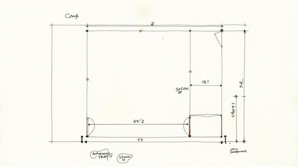 Hand-drawn architectural floor plan sketch of a rectangular structure with interior divisions and dimensions.