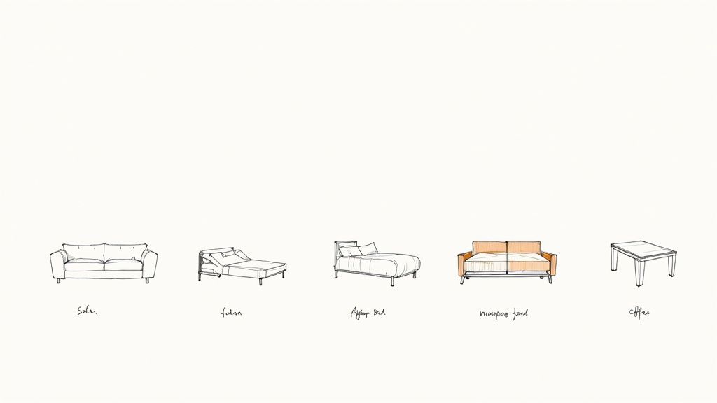Sketches of various home furniture including a sofa, futon, daybed, sofa bed, and coffee table.