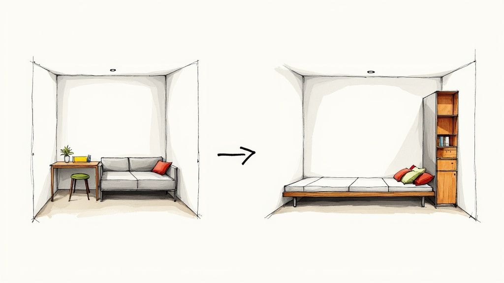 Illustration showing a small room transforming from a sofa and desk setup to a bed with a shelf.