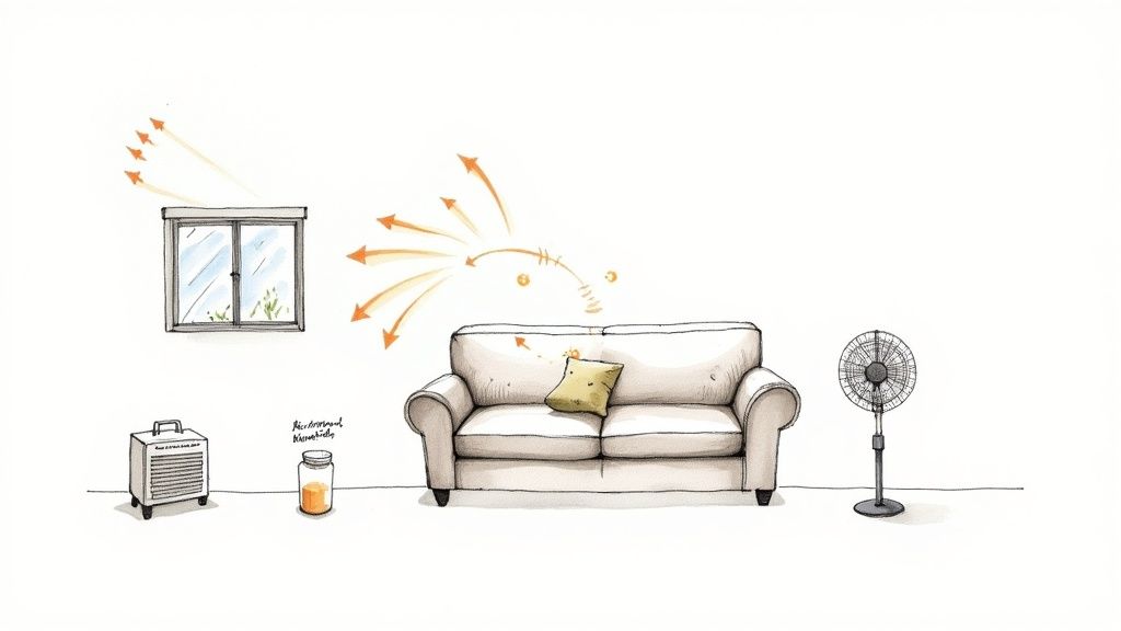 Room diagram showing airflow patterns from window, fan, and dehumidifier around a beige sofa