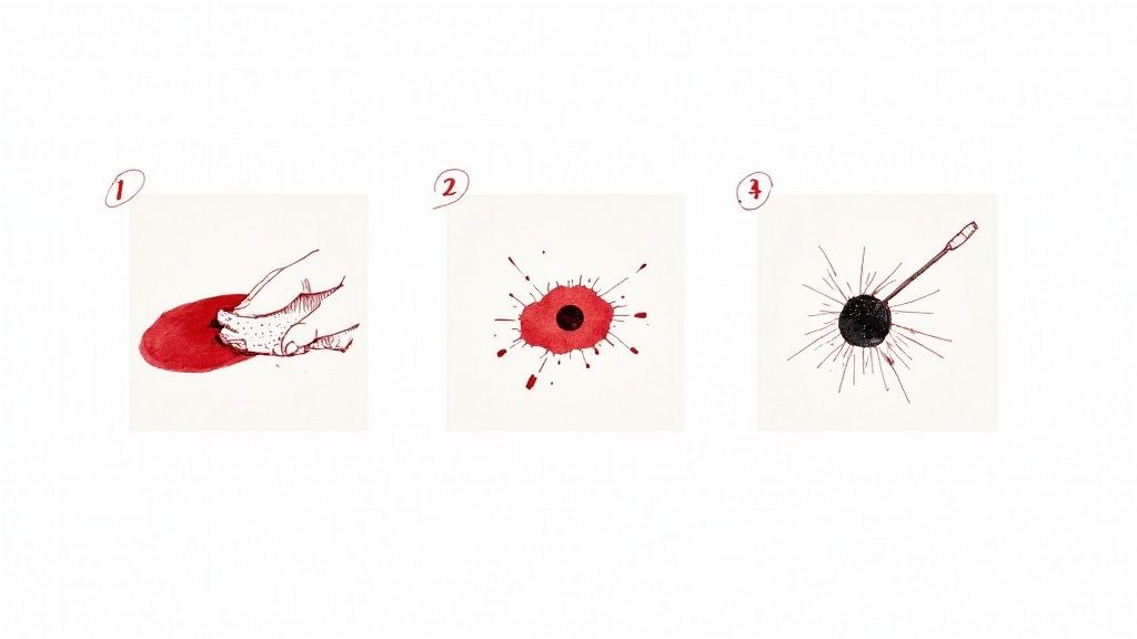 Three stages of red blood cell illustration showing blood drop, cell structure, and spiky black cell